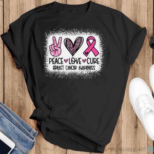 Bleached Peace Love Cure Leopard Breast Cancer Awareness Shirt - Black T-Shirt