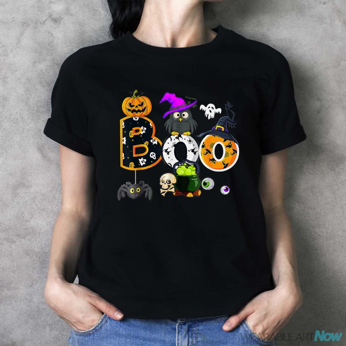 Boo Creepy Owl Pumpkin Ghost Halloween Men Women Kids Shirt - Ladies T-Shirt
