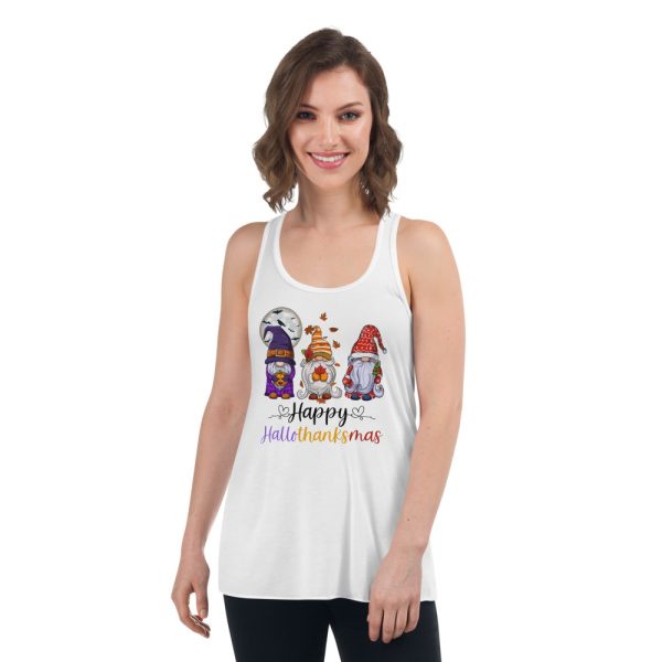 Happy Hallothanksmas Gnomes Halloween Merry Christmas T-Shirt - Women's Flowy Racerback Tank