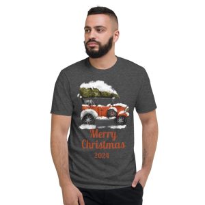 Merry Christmas 2024 Red Car And White Cloudy Christmas T-Shirt - Short Sleeve T-Shirt-1