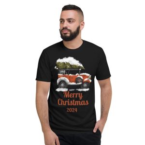 Merry Christmas 2024 Red Car And White Cloudy Christmas T-Shirt - Short Sleeve T-Shirt