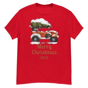 Merry Christmas 2024 Red Car And White Cloudy Christmas T-Shirt - G500 Men’s Classic T-Shirt-1