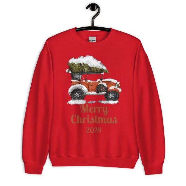 Merry Christmas 2024 Red Car And White Cloudy Christmas T-Shirt - Unisex Crewneck Sweatshirt-1