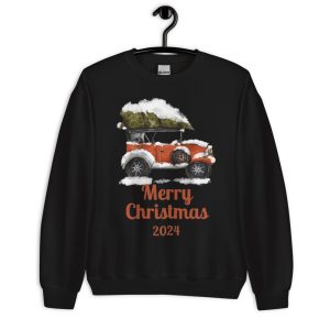 Merry Christmas 2024 Red Car And White Cloudy Christmas T-Shirt - Unisex Crewneck Sweatshirt