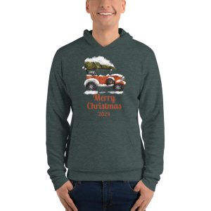 Merry Christmas 2024 Red Car And White Cloudy Christmas T-Shirt - Unisex Fleece Pullover Hoodie-1