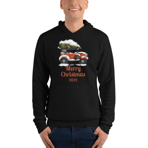 Merry Christmas 2024 Red Car And White Cloudy Christmas T-Shirt - Unisex Fleece Pullover Hoodie