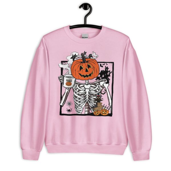 Pumpkin Skeleton Drinking Coffee Funny Halloween T-Shirt - Unisex Heavy Blend Crewneck Sweatshirt-1