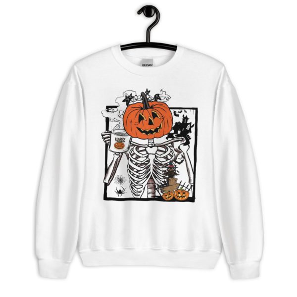 Pumpkin Skeleton Drinking Coffee Funny Halloween T-Shirt - Unisex Heavy Blend Crewneck Sweatshirt-2