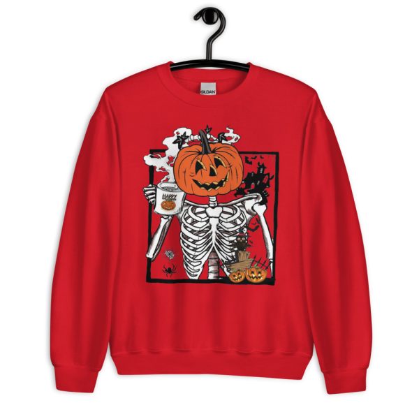 Pumpkin Skeleton Drinking Coffee Funny Halloween T-Shirt - Unisex Heavy Blend Crewneck Sweatshirt