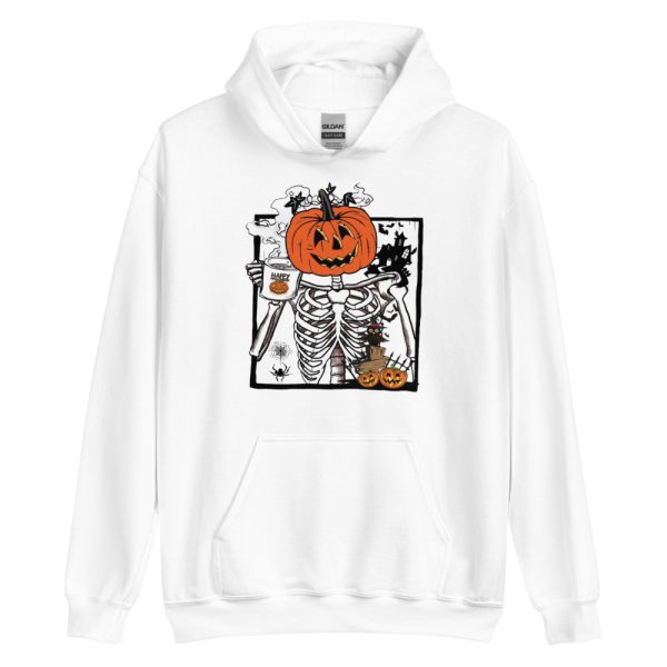 Pumpkin Skeleton Drinking Coffee Funny Halloween T-Shirt - Unisex Heavy Blend Hooded Sweatshirt