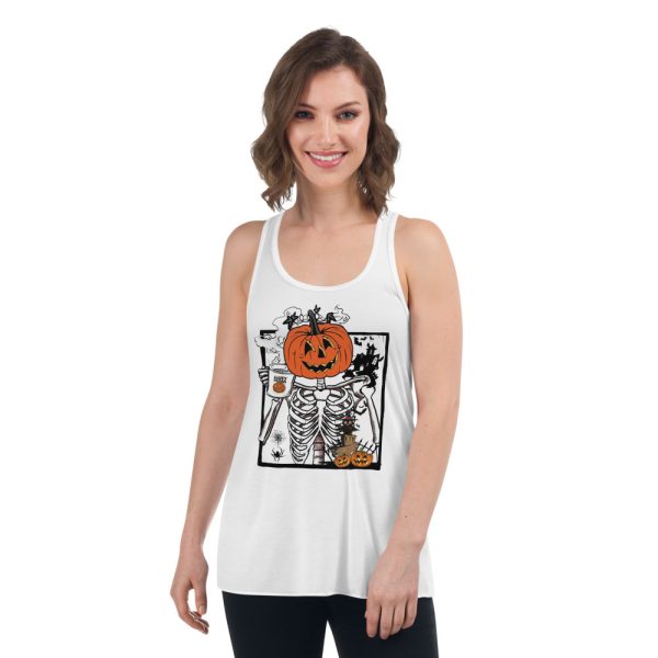 Pumpkin Skeleton Drinking Coffee Funny Halloween T-Shirt - Women's Flowy Racerback Tank