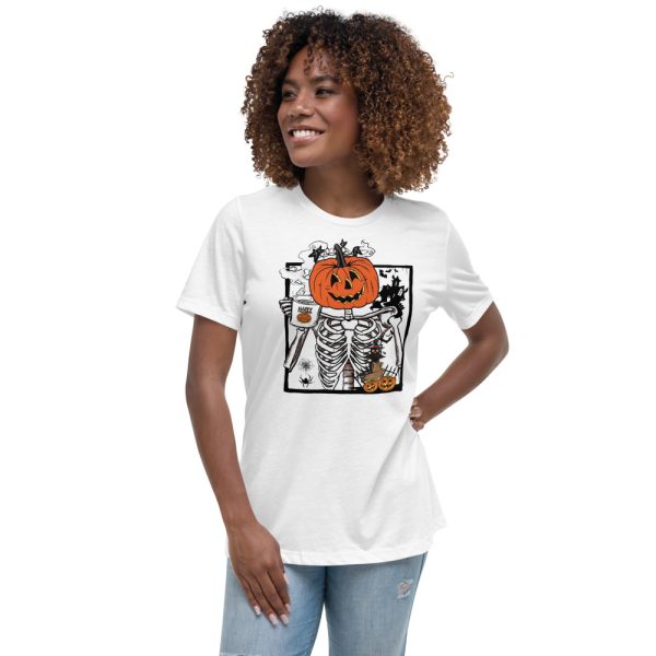 Pumpkin Skeleton Drinking Coffee Funny Halloween T-Shirt - Women's Relaxed Short Sleeve Jersey Tee