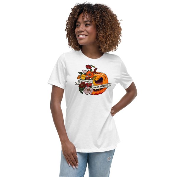 Sweet Sorta Spooky Flower Pumpkin Halloween T-Shirt - Women's Relaxed Short Sleeve Jersey Tee