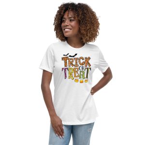 Trick or Treat Funny Halloween Bat And Candy T-Shirt - Women's Relaxed Short Sleeve Jersey Tee