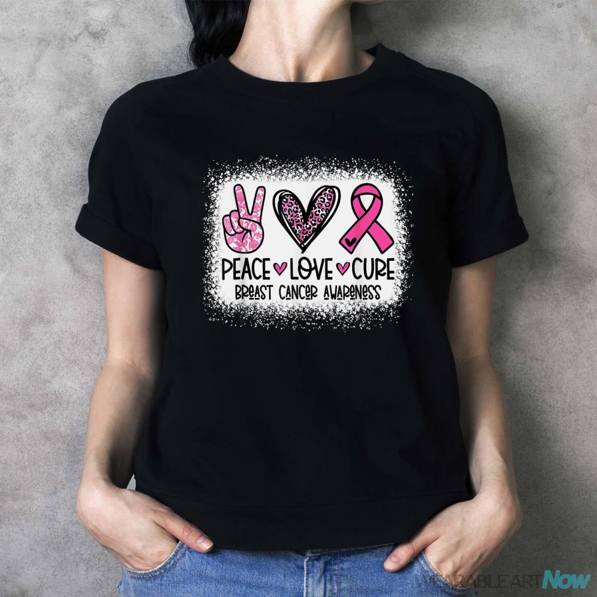 Bleached Peace Love Cure Leopard Breast Cancer Awareness Shirt - Ladies T-Shirt