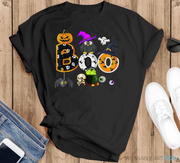 Boo Creepy Owl Pumpkin Ghost Halloween Men Women Kids Shirt - Black T-Shirt