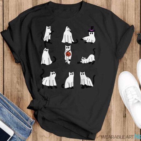 Cute Ghost Cat Funny Halloween Outfit Costumes Black Cat Shirt - Black T-Shirt