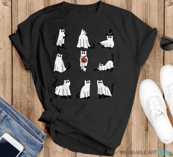 Cute Ghost Cat Funny Halloween Outfit Costumes Black Cat Shirt - Black T-Shirt