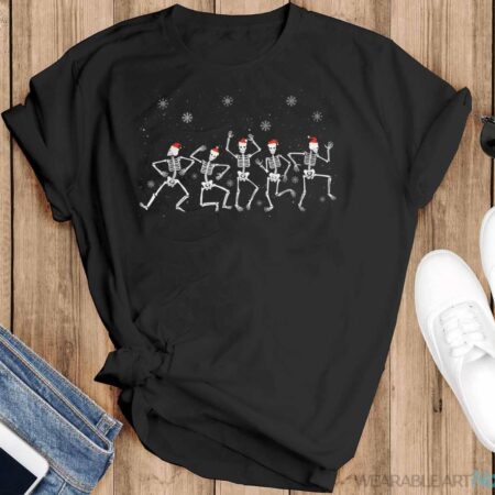 Dancing Skeleton With Santa Hats Christmas Shirt - Black T-Shirt