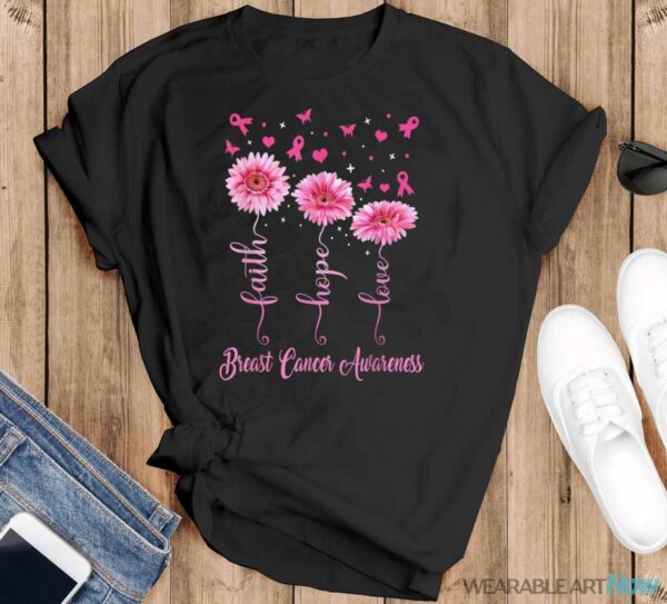 Faith Hope Love Daisy Pink Ribbon Breast Cancer Awareness Shirt - Black T-Shirt