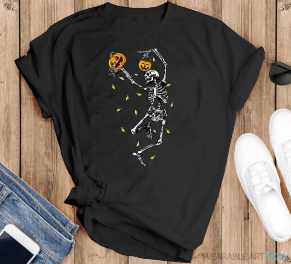 Funny Halloween Pumpkin Dancing Skeleton Costume Women Men Shirt - Black T-Shirt