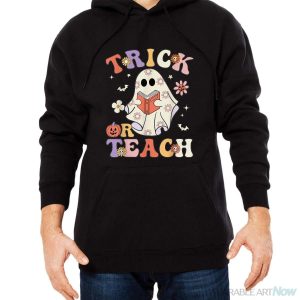 Groovy Teacher Halloween Trick Or Teach Retro Floral Ghost Shirt - Men Black Hoodie