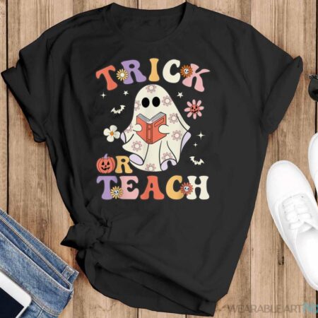 Groovy Teacher Halloween Trick Or Teach Retro Floral Ghost Shirt - Black T-Shirt