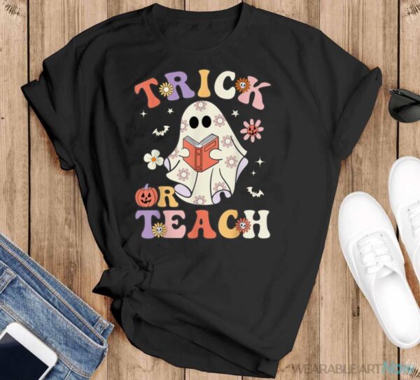 Groovy Teacher Halloween Trick Or Teach Retro Floral Ghost Shirt - Black T-Shirt