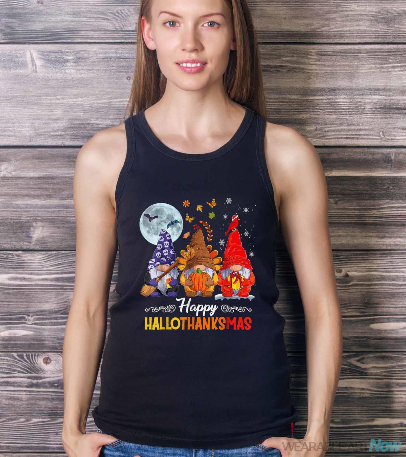 Halloween Thanksgiving Christmas Happy HalloThanksMas Gnomes Shirt - Ladies Tank Top