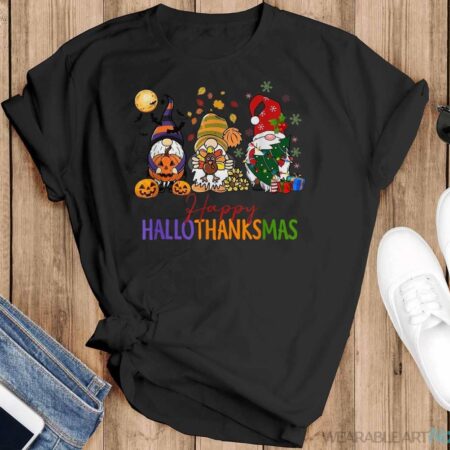 Happy Hallothanksmas Coffee Halloween Thanksgiving Christmas Shirt - Black T-Shirt