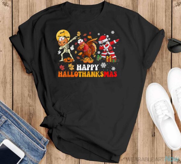 Happy HalloThanksMas Nurse Halloween Thanksgiving Christmas Shirt - Black T-Shirt