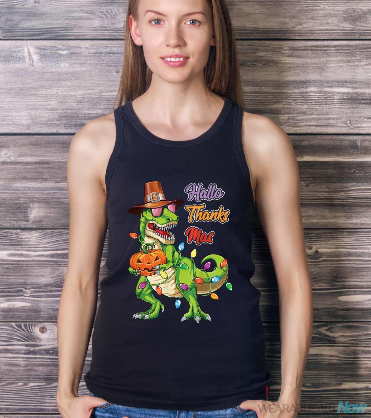 Happy Hallothanksmas T Rex Halloween Thanksgiving Christmas Shirt - Ladies Tank Top