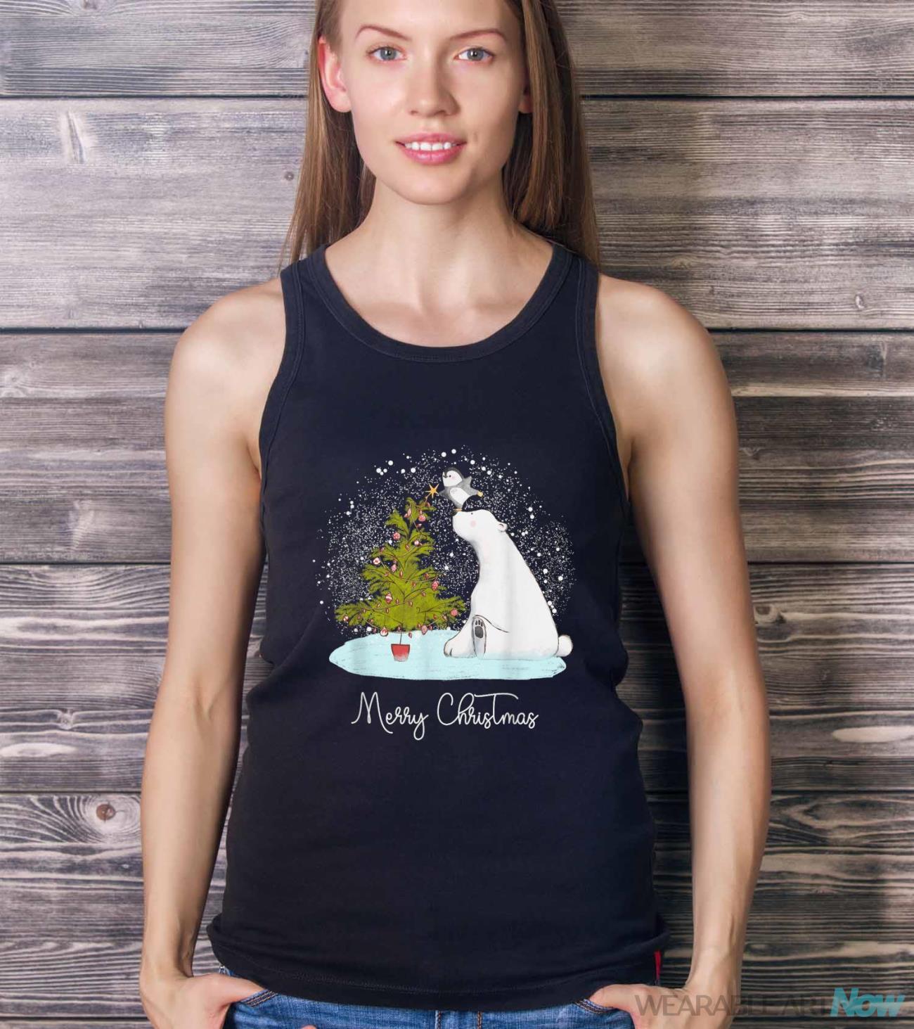 Merry Christmas - Cute Polar Bear Penguin Christmas Shirt - Ladies Tank Top