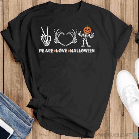 Peace Love Halloween Happy Halloween Pumpkin Skeleton Hands Shirt - Black T-Shirt