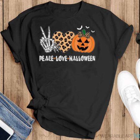 Peace Love Halloween Scary Pumpkin Leopard Skeleton Shirt - Black T-Shirt