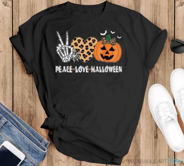 Peace Love Halloween Scary Pumpkin Leopard Skeleton Shirt - Black T-Shirt