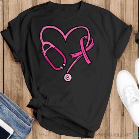 Pink Stethoscope Nurse Medical Breast Cancer Awareness Women Shirt - Black T-Shirt