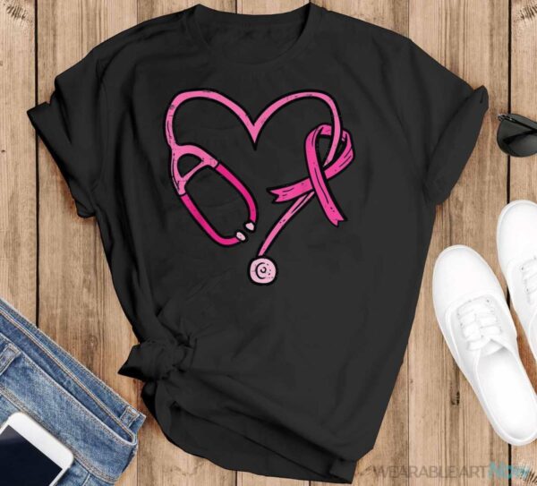 Pink Stethoscope Nurse Medical Breast Cancer Awareness Women Shirt - Black T-Shirt