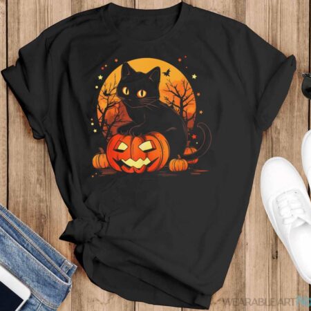 Retro Black Cat Halloween Pumpkin Costume For Women Men Kids Shirt - Black T-Shirt