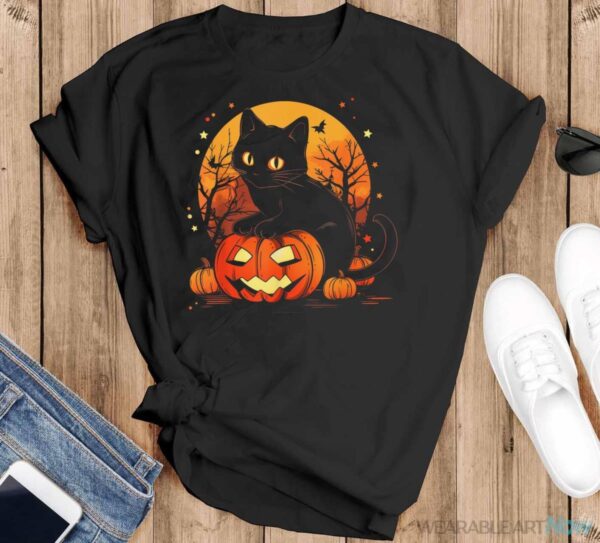 Retro Black Cat Halloween Pumpkin Costume For Women Men Kids Shirt - Black T-Shirt