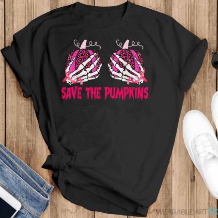 Save The Pumpkins Leopard Skeleton Breast Cancer Awareness T-Shirt - Black T-Shirt