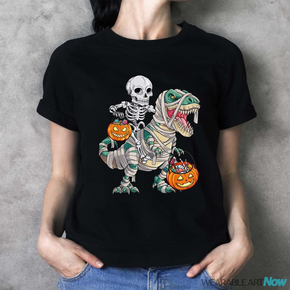 Skeleton Riding Mummy Dinosaur T Rex Halloween Funny Pumpkin Shirt - Ladies T-Shirt