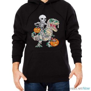 Skeleton Riding Mummy Dinosaur T Rex Halloween Funny Pumpkin Shirt - Men Black Hoodie