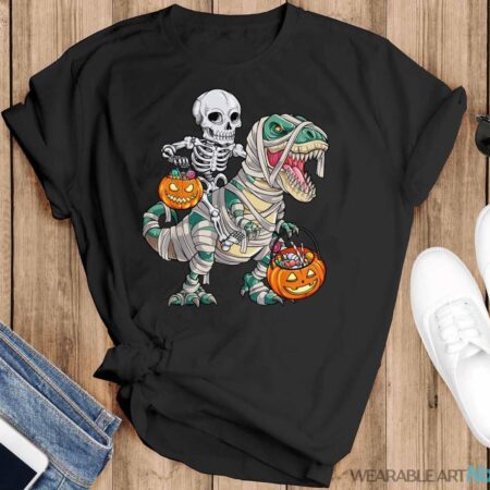 Skeleton Riding Mummy Dinosaur T Rex Halloween Funny Pumpkin Shirt - Black T-Shirt