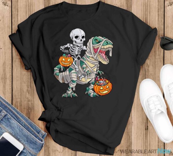 Skeleton Riding Mummy Dinosaur T Rex Halloween Funny Pumpkin Shirt - Black T-Shirt