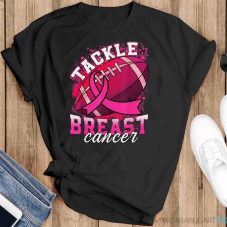 Tackle Breast Cancer Awareness Pink Ribbon Football Boy Kids Shirt - Black T-Shirt