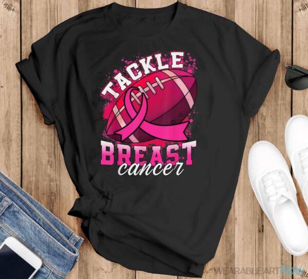 Tackle Breast Cancer Awareness Pink Ribbon Football Boy Kids Shirt - Black T-Shirt