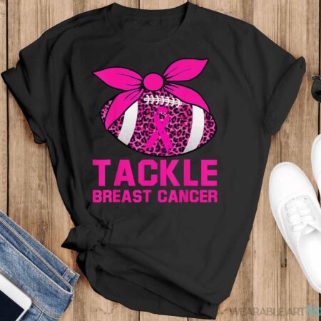 Woman Tackle Football Pink Ribbon Breast Cancer Awareness Shirt - Black T-Shirt