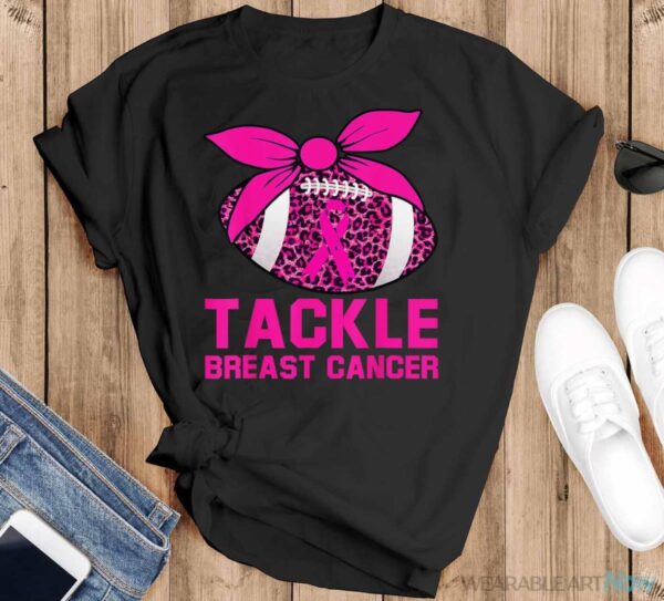 Woman Tackle Football Pink Ribbon Breast Cancer Awareness Shirt - Black T-Shirt