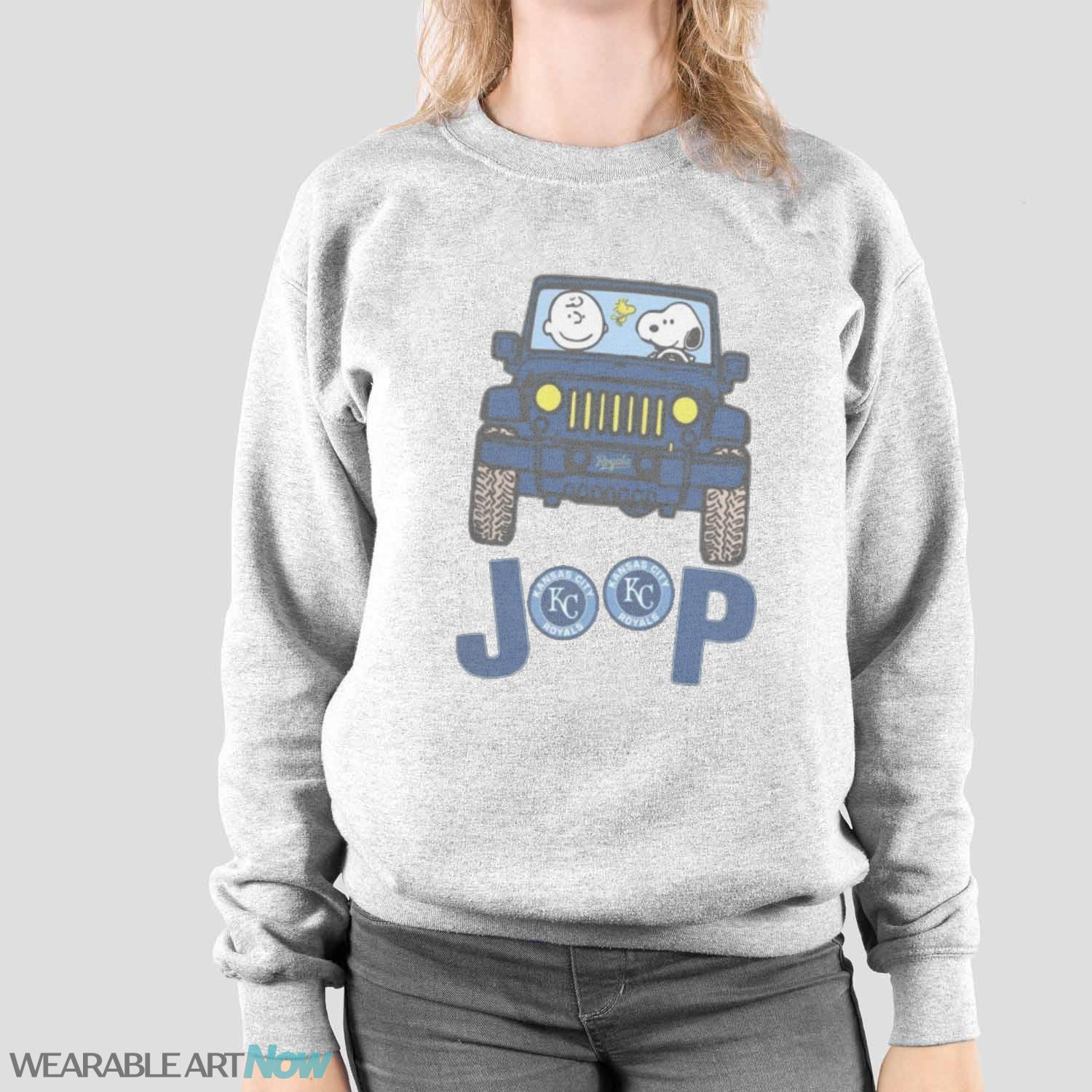 Kansas City Royals Snoopy And Charlie Brown Driving Jeep T-Shirt Hoodie Sweatshirt - Sport Grey Sweatshirt